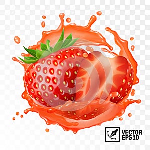 3d realistic transparent isolated vector, peeled strawberry fruit in a splash of juice with drops, edible handmade mesh