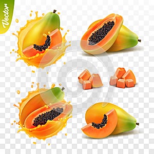 3d realistic transparent isolated vector set, whole and slice of papaya fruit, papaya in a splash of juice with drops