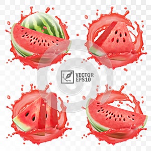 3d realistic transparent isolated vector set, whole and slice of watermelon in a splash of juice with drops