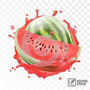 3d realistic transparent isolated vector, whole and half of watermelon in a splash of juice with drops