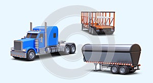 3d realistic truck, open design trailer for transporting heavy loads and metal trailer