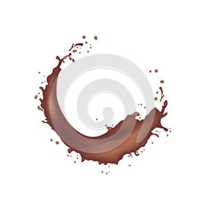 3d realistic twisted dark chocolate milk splash with drops.  Isolated cocoa yogurt caramel cream round wave on white background.