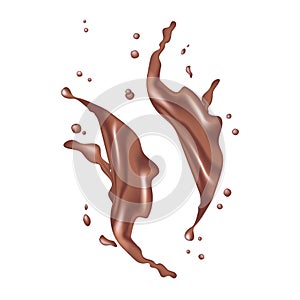 3d realistic twisted dark chocolate milk splash with drops. Isolated cocoa yogurt caramel cream surfing wave on white background.