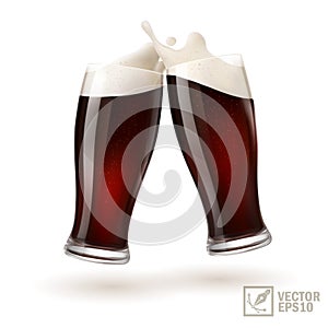 3D realistic two glasses of dark beer toasting creating splash