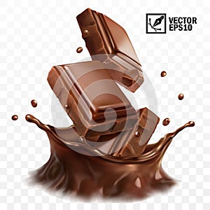 3D realistic vector crown splash of chocolate, cocoa or coffee, pieces of chocolate bar, swirl