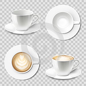3d realistic vector cup of cappuccino or latte coffee with heart pattern, top view, side view. Set of coffee cups or mug with
