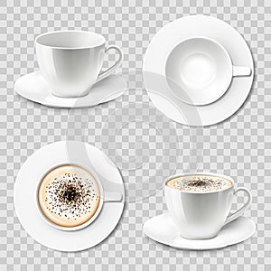 3d realistic vector cup of cappuccino or latte coffee , top view, side view. Set of coffee cups or mug with saucer, isolated on a