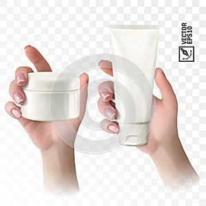 3d realistic vector hand holding cosmetic tube and jar for advertising