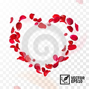 3D realistic vector heart shaped falling petals, greeting card for celebrations and World Heart Day