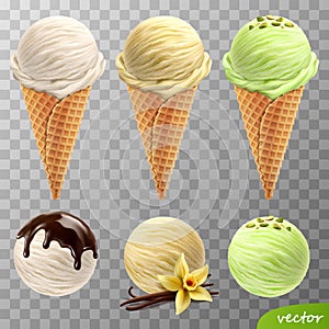 3d realistic vector ice cream scoops in a waffle cones melted chocolate, vanilla flower and sticks, pistachios