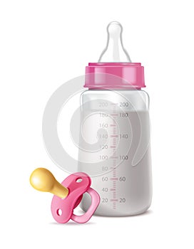 3d realistic vector icon illustration. Baby girl pink milk bottle with pacifier. Isolated on white.