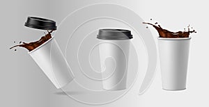 3d realistic vector icon illustration. Paper coffee cups opened and closed with coffee splash.