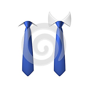 3d realistic vector icon illustration set. Blue silk neck tie with white collar.