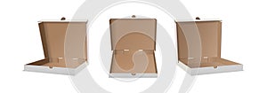 3d realistic vector icon illustration set. Side and front view cardboard open pizza boxes.