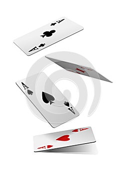 3d realistic vector icon. Playing cards of aces of diamonds clubs spades and hearts on white background.