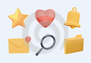 3d realistic vector icon set. Bell, heart, star, mail, magnifier, wrench, folder, document symbols. Business objects. UI