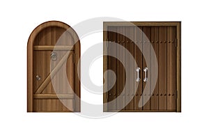 3d realistic vector icon set. Old antique wooden doors with golden and hrome handles, arched and square