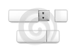 3d realistic vector icon. White USB flash drive. Isolated on white background.