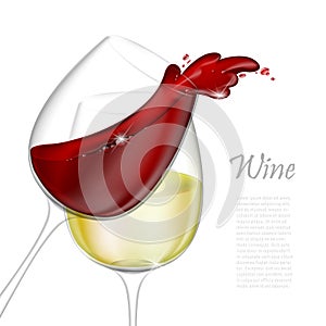 3d realistic vector illustration. Transparent isolated wineglass with red and white wine. Red wine pouring out of a glass splash