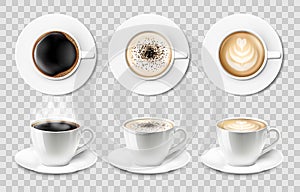 3d realistic vector isolated white ceramic coffee cups with saucer, top and side view, cappuccino, americano, espresso, mocha,