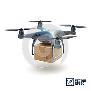 3D Realistic vector quadcopter with a portable camera on a blue background, delivery of a cardboard box drone by air