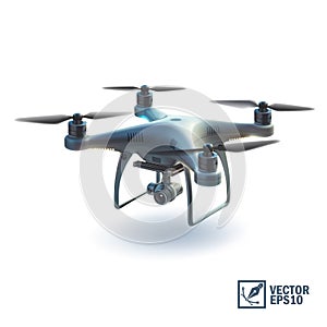 3D Realistic vector quadcopter with a portable camera on a blue background, delivery of a cardboard box drone by air