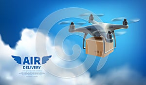 3D Realistic vector quadcopter with a portable camera on a blue sky background, delivery of a cardboard box drone by air