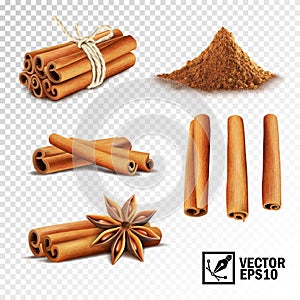 3d realistic vector set of cinnamon cinnamon sticks tied with a rope, anise stars and a pile of cinnamon