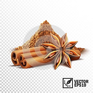 3d realistic vector set of cinnamon sticks, anise stars and a pile of cinnamon