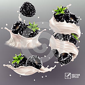 3D realistic vector set of different splashes of milk or yogurt with whole and halved blackberry pieces