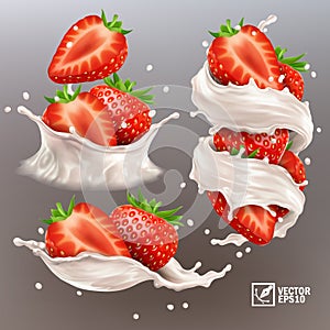 3D realistic vector set of different splashes of milk or yogurt with whole and halved strawberry pieces