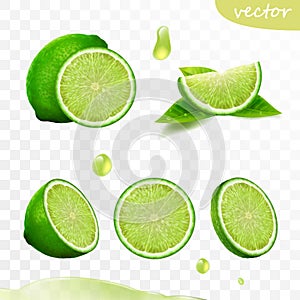 3D realistic vector set of elements, whole lime, sliced lime, drop lime oil, leaves