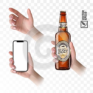 3d realistic vector set hand holding phone and beer bottle for advertising