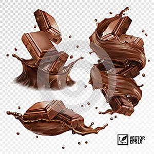 3D realistic vector set, horizontal and vertical splash of chocolate, cocoa or coffee, pieces of chocolate bar, swirl and drop