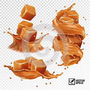 3D realistic vector set of a splash of caramel, slices and pieces of caramel, a splash in the form of a crown and a swirl