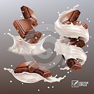 3D realistic vector set,splash of chocolate pieces in a spray of milk or yogurt, cocoa or coffee, swirl and drop