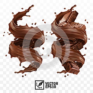3D realistic vector set, vertical splash of chocolate, cocoa or coffee, pieces of chocolate bar, swirl