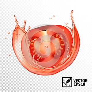 3D Realistic vector splash of juice or ketchup tomato slices