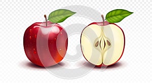 3d realistic vector transparent isolated vector set, whole and slice of red apple, shine polished apple with a leaf.