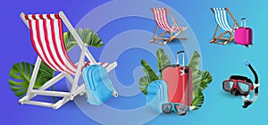 3d realistic vector vacation icon set beach sunbed in three different colours. Summertime relax. Deck chair or Beach