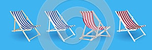 3d realistic vector vacation icon set beach sunbed in three different colours. Summertime relax. Isolated on blue