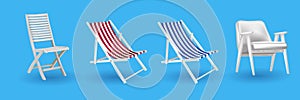 3d realistic vector vacation icon set beach sunbed in three different colours. Summertime relax. Isolated on blue