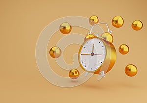 3D realistic watch alarm clock and ball time classic wake up a gold color flying on a golden background. 3D illustration analog
