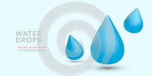 3d realistic water drops with shadow isolated on light blue background. Vector illustration