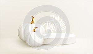 3d realistic white gold pumpkin with white product podium isolated on white background. Thanksgiving background with the