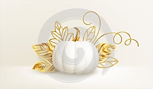 3d realistic white golden pumpkin with golden leaves, curls isolated on white background. Thanksgiving background with