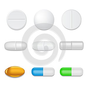 3d realistic white medical pill or tablet on isolated background. Set of medical round pill and capsules in mockup style. Medical