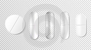 3D Realistic white pills. Set of Drugs medicine capsules and pills. Medical pills.