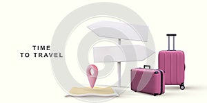 3d realistic world travel concept with map, pointer and handbags. Vector illustration