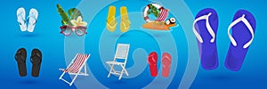 3D realitic beach flip-flops. Set, collection of cute colorful flip flops with different ornaments, patterns for summer